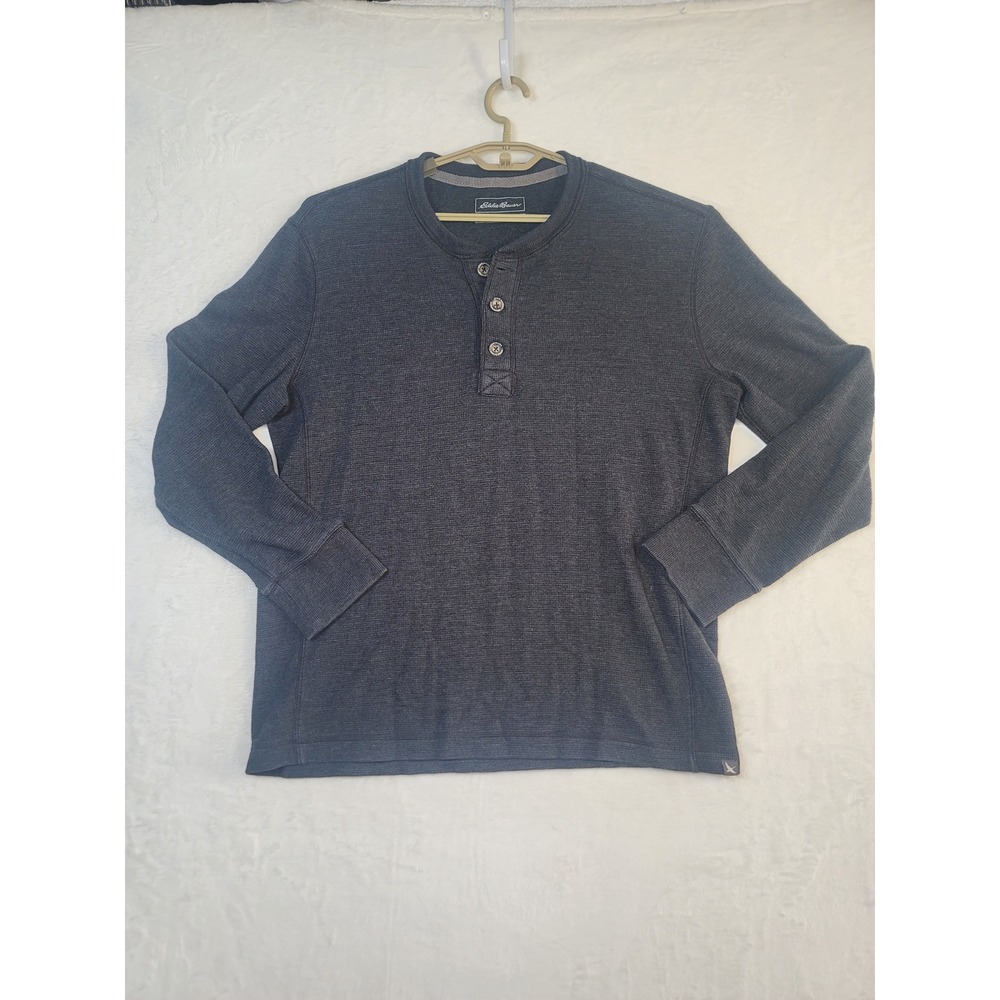 Eddie Bauer Charcoal Grey Waffle Knit Henley Shirt L Heritage Rustic Americana